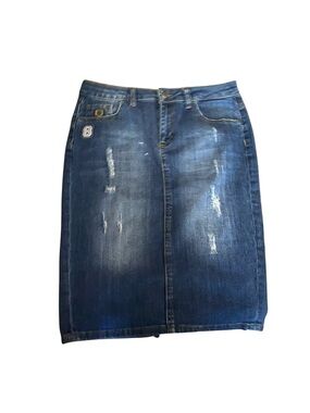 Dark Blue Distressed Denim Midi Skirt